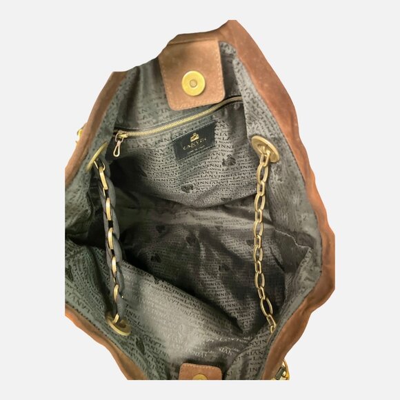 LANVIN "Amalia" Python Print Brown Suede Bucket Shoulder Bag made in Italy 13" H - Picture 14 of 16